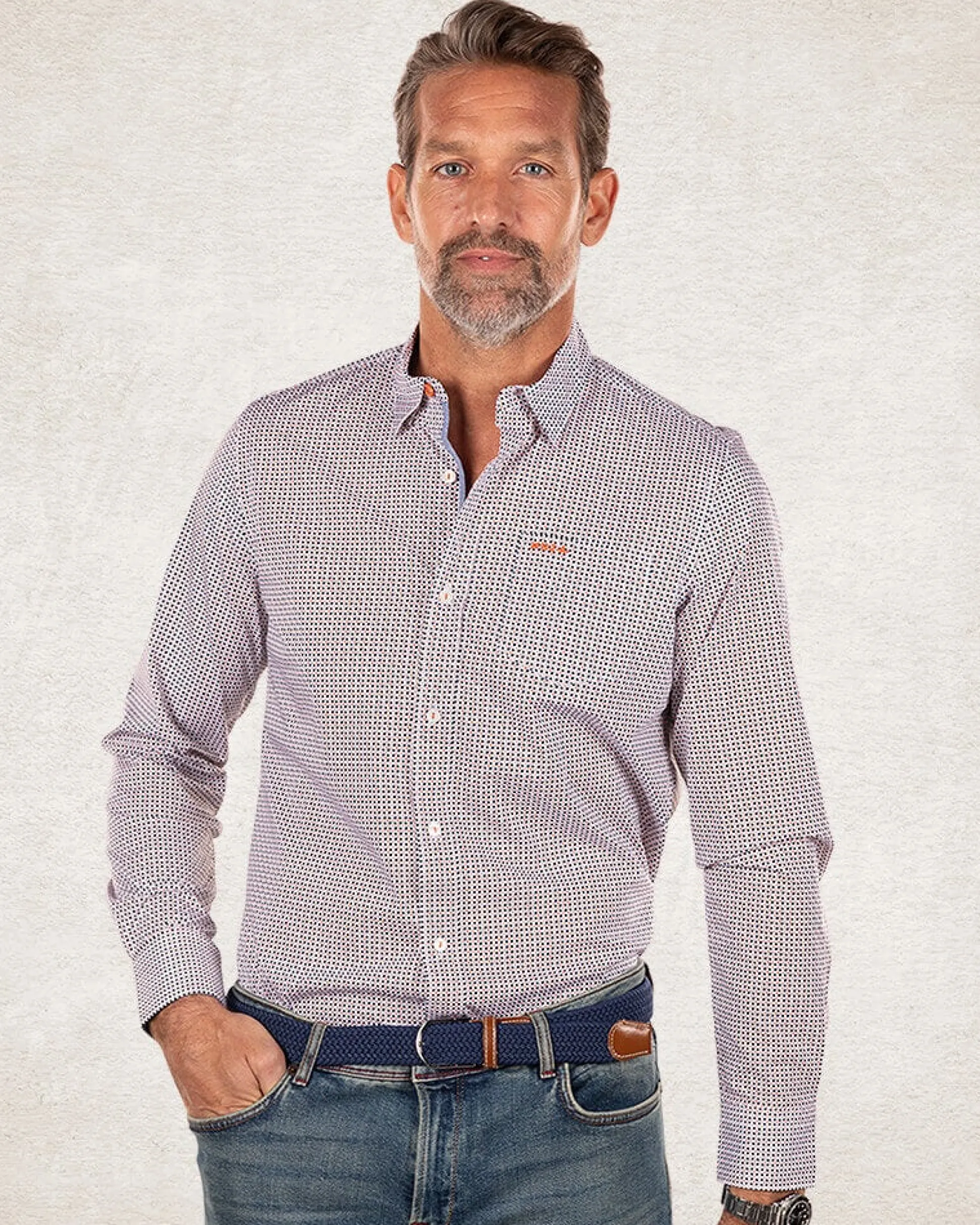 Cotton stretch shirt with all over print - Sahara Sand