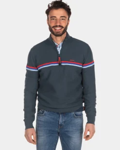 Cotton sweater with half zip - Green Grey