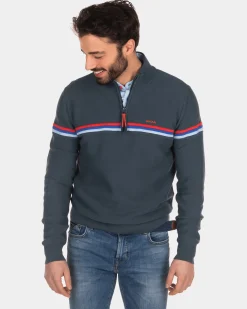 Cotton sweater with half zip - Green Grey