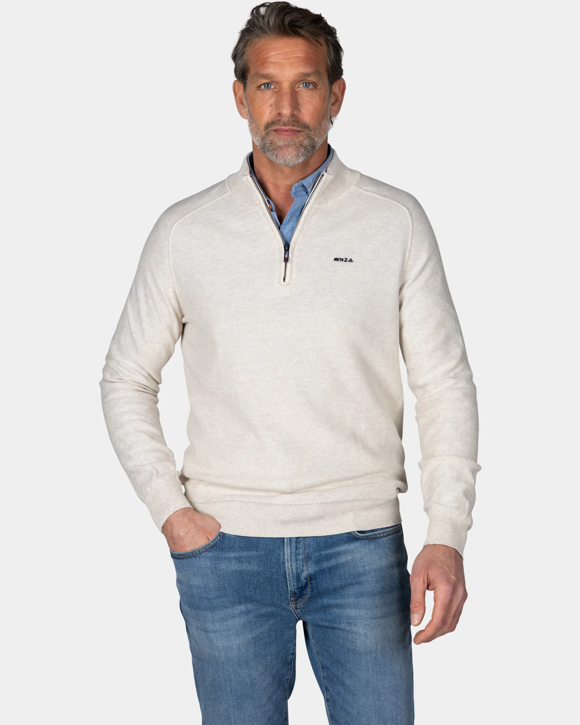 Cream beige basic pullover with half zipper