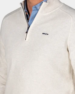 Cream beige basic pullover with half zipper