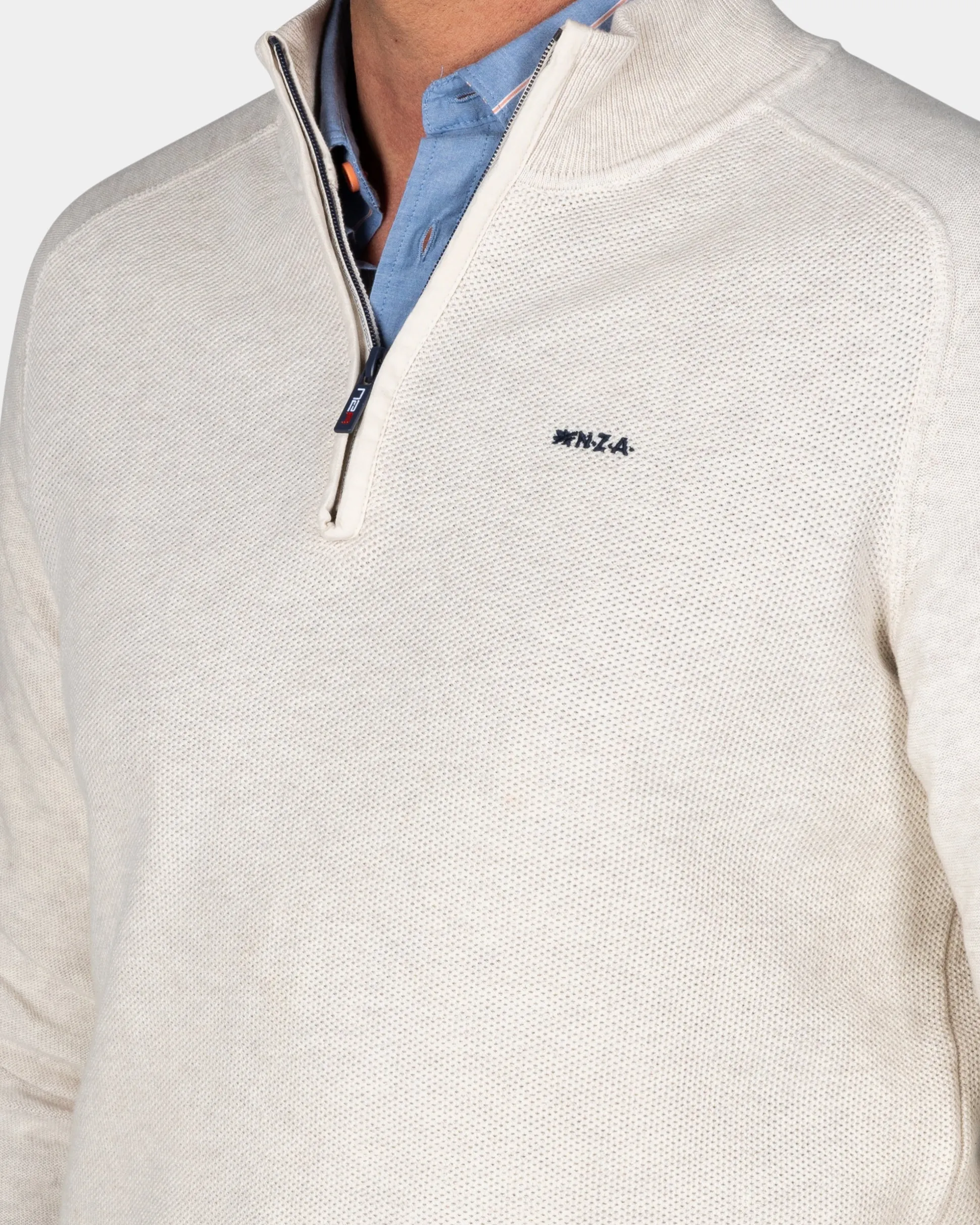 Cream beige basic pullover with half zipper