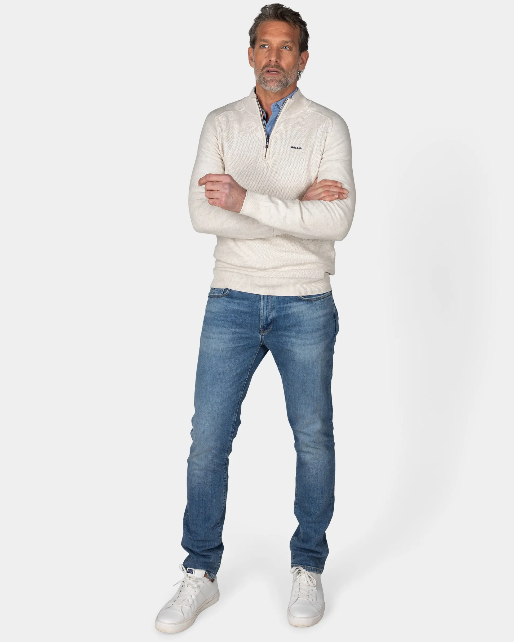 Cream beige basic pullover with half zipper