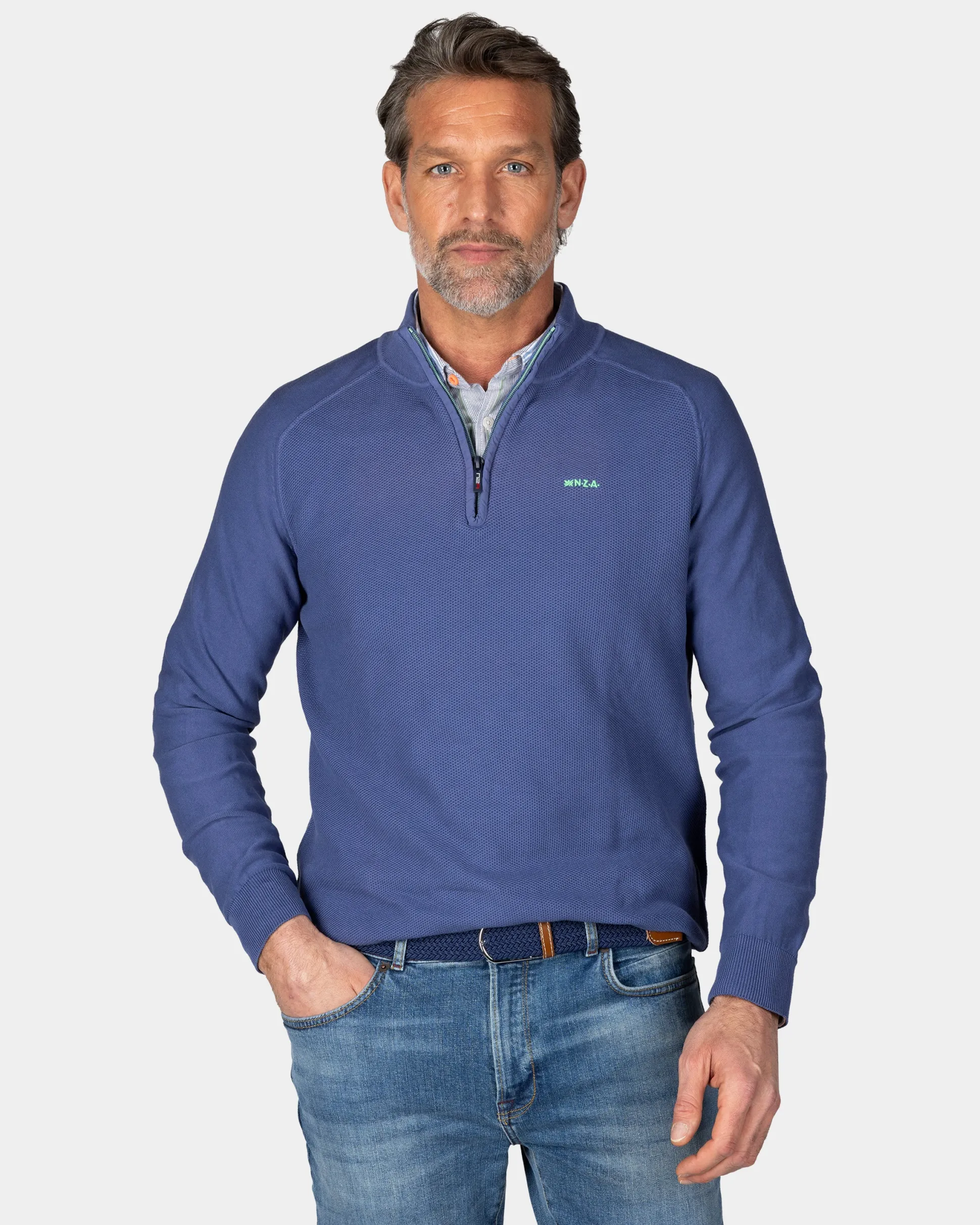 Dark blue basic pullover with half zipper