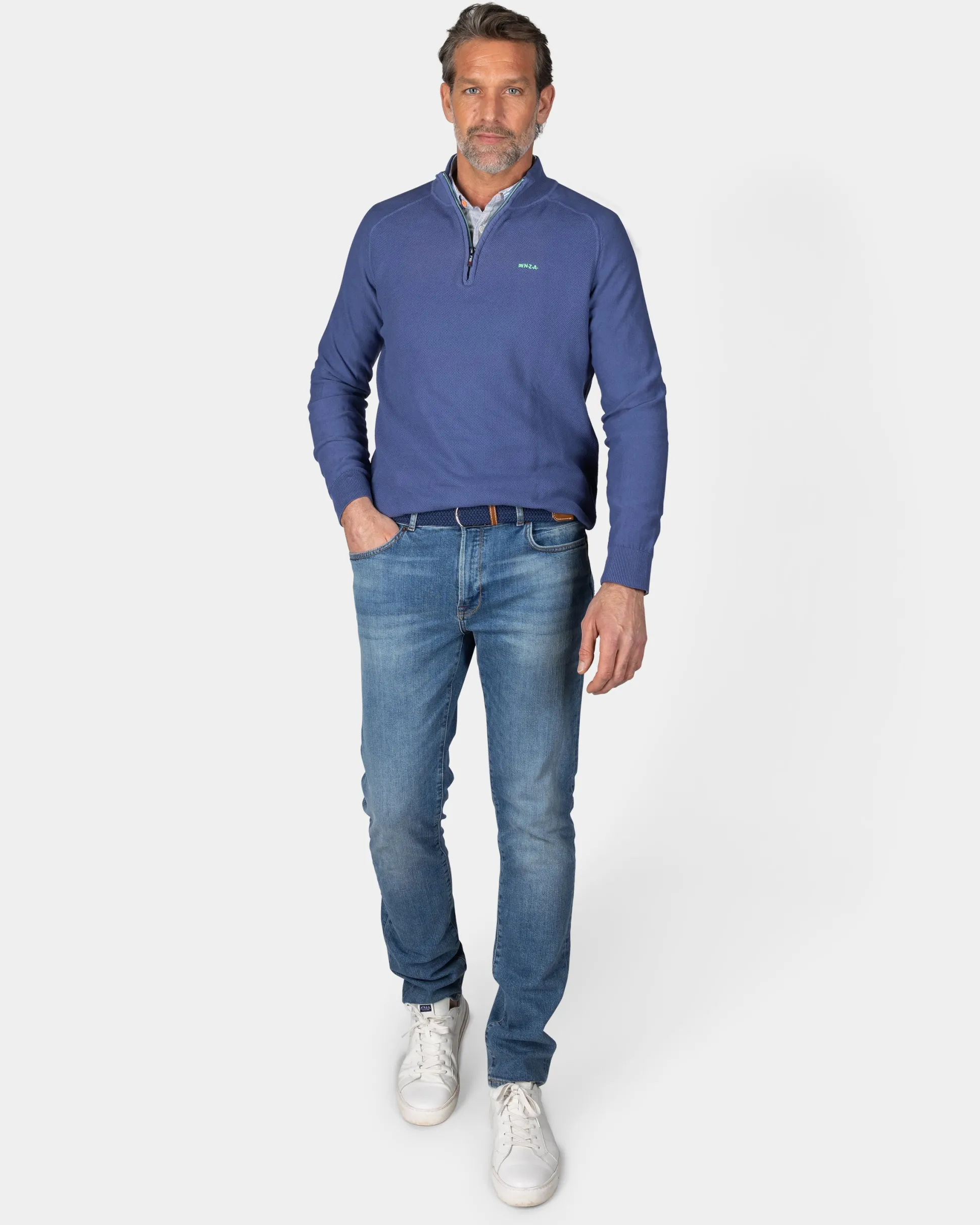 Dark blue basic pullover with half zipper