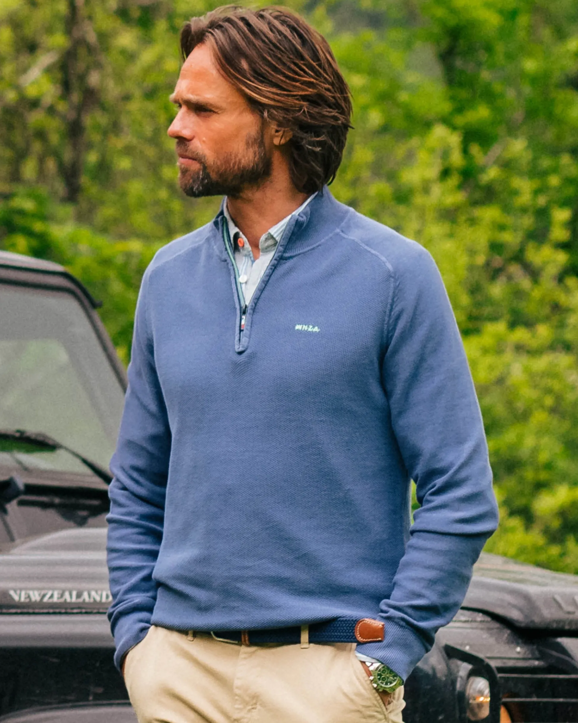 Dark blue basic pullover with half zipper
