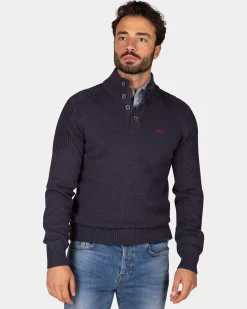 Dark blue knitted cotton sweater with buttons - Winter Navy
