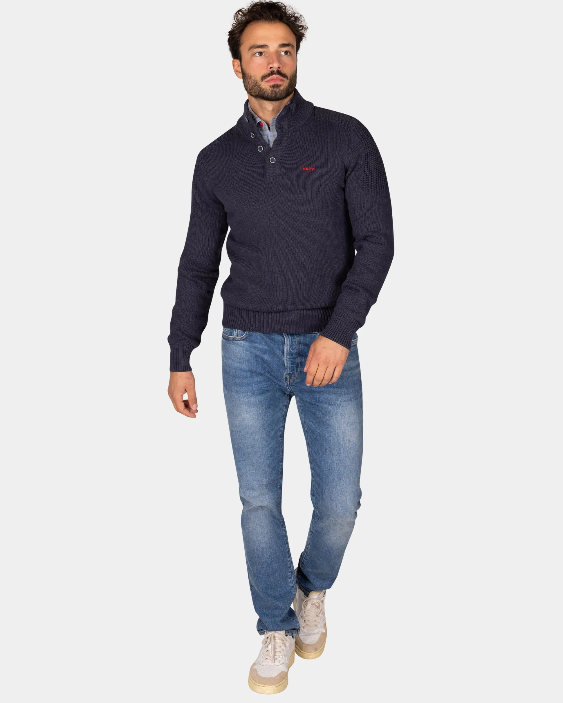 Dark blue knitted cotton sweater with buttons - Winter Navy