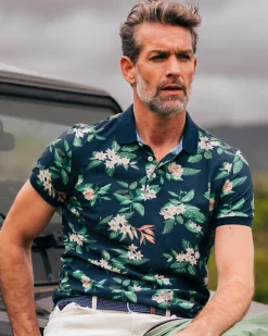 Dark blue polo with floral print