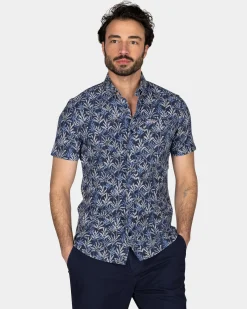 Dark Blue Shirt with Floral Print and Short Sleeves