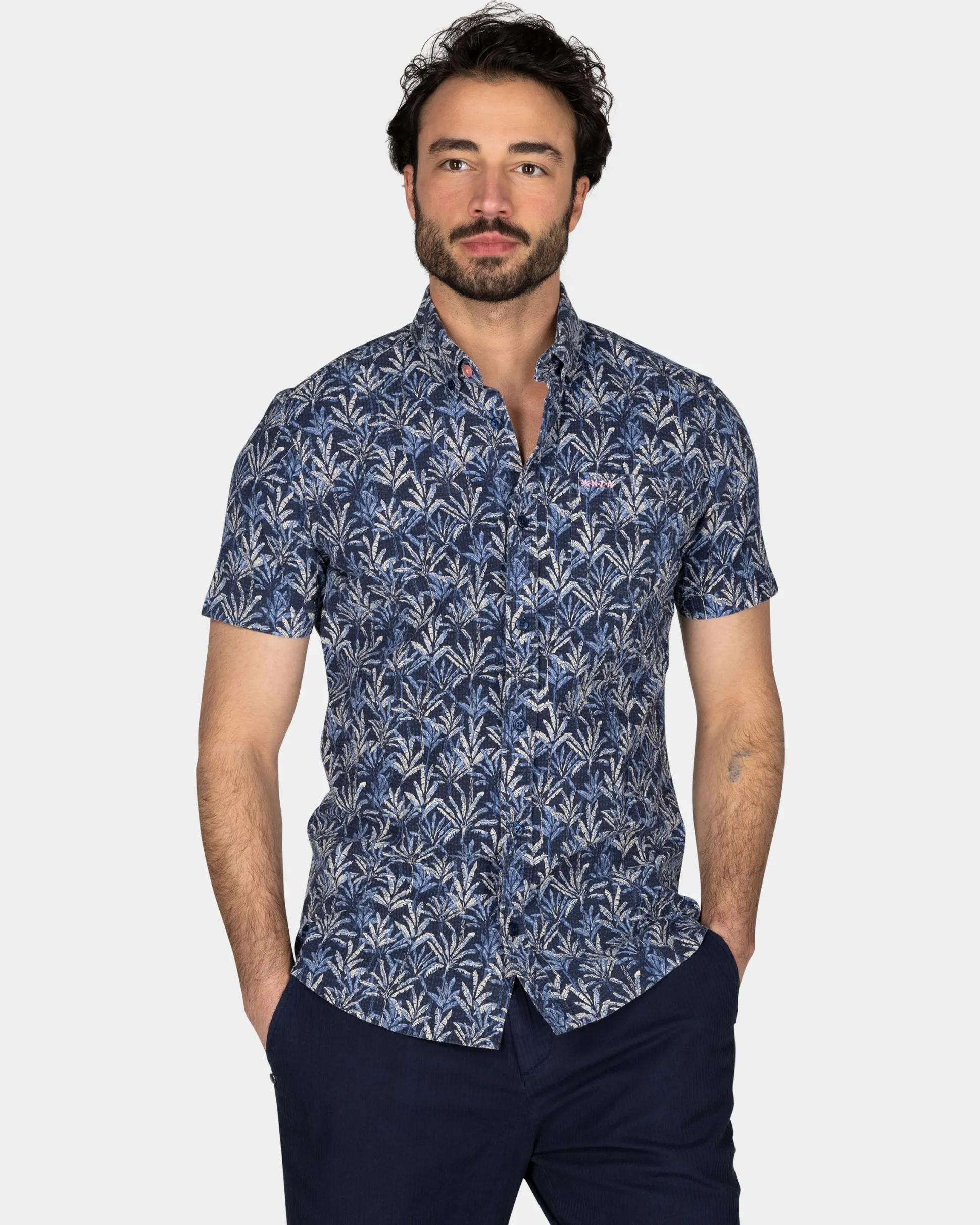 Dark Blue Shirt with Floral Print and Short Sleeves