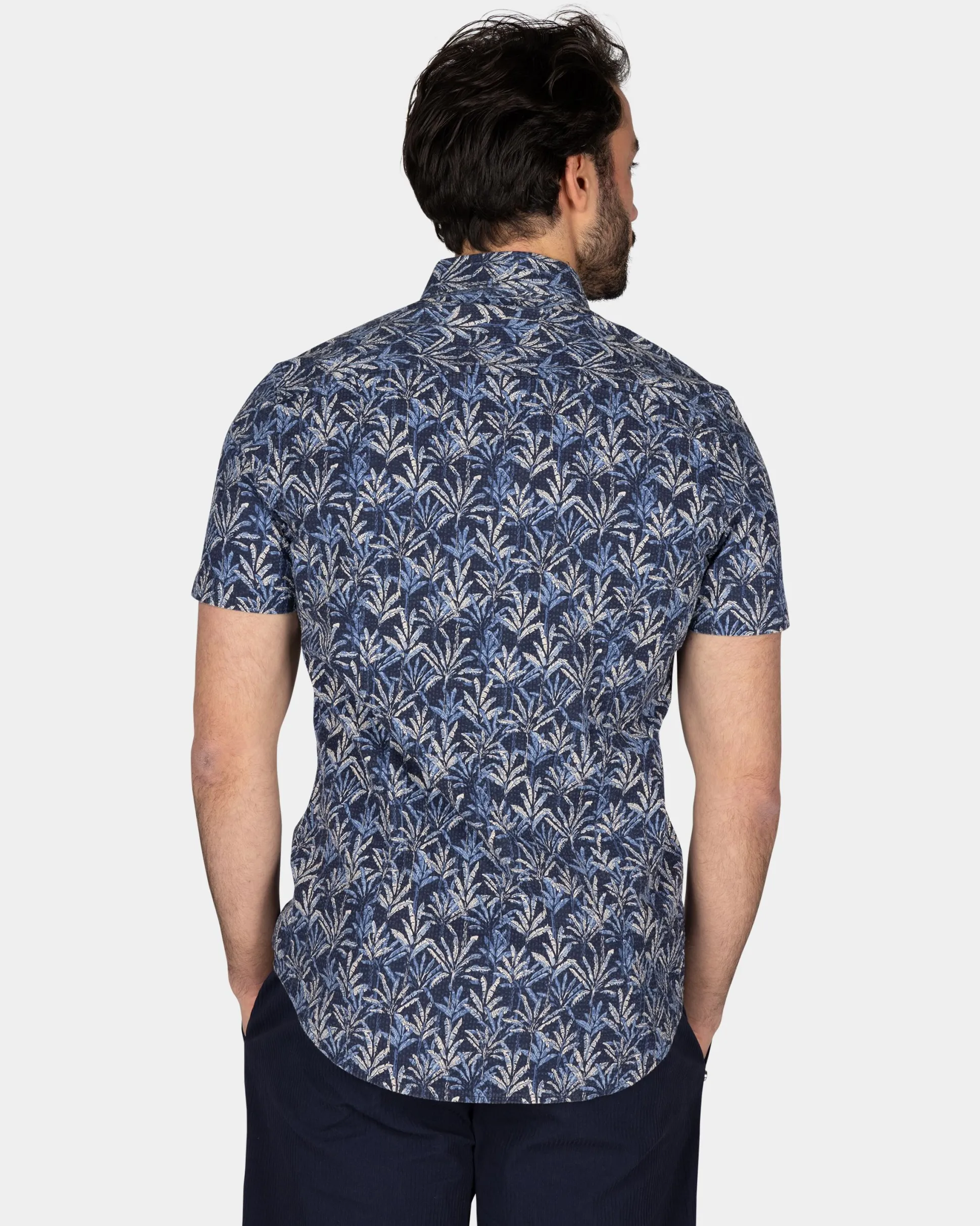 Dark Blue Shirt with Floral Print and Short Sleeves