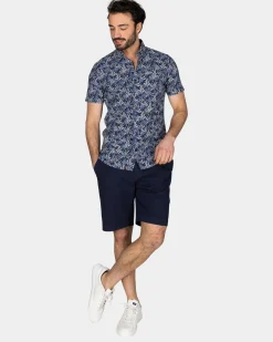 Dark Blue Shirt with Floral Print and Short Sleeves