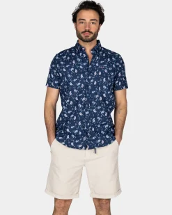 Dark Blue Shirt with Print and Short Sleeves