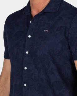 Dark Blue Shirt with Short Sleeves and Floral Print