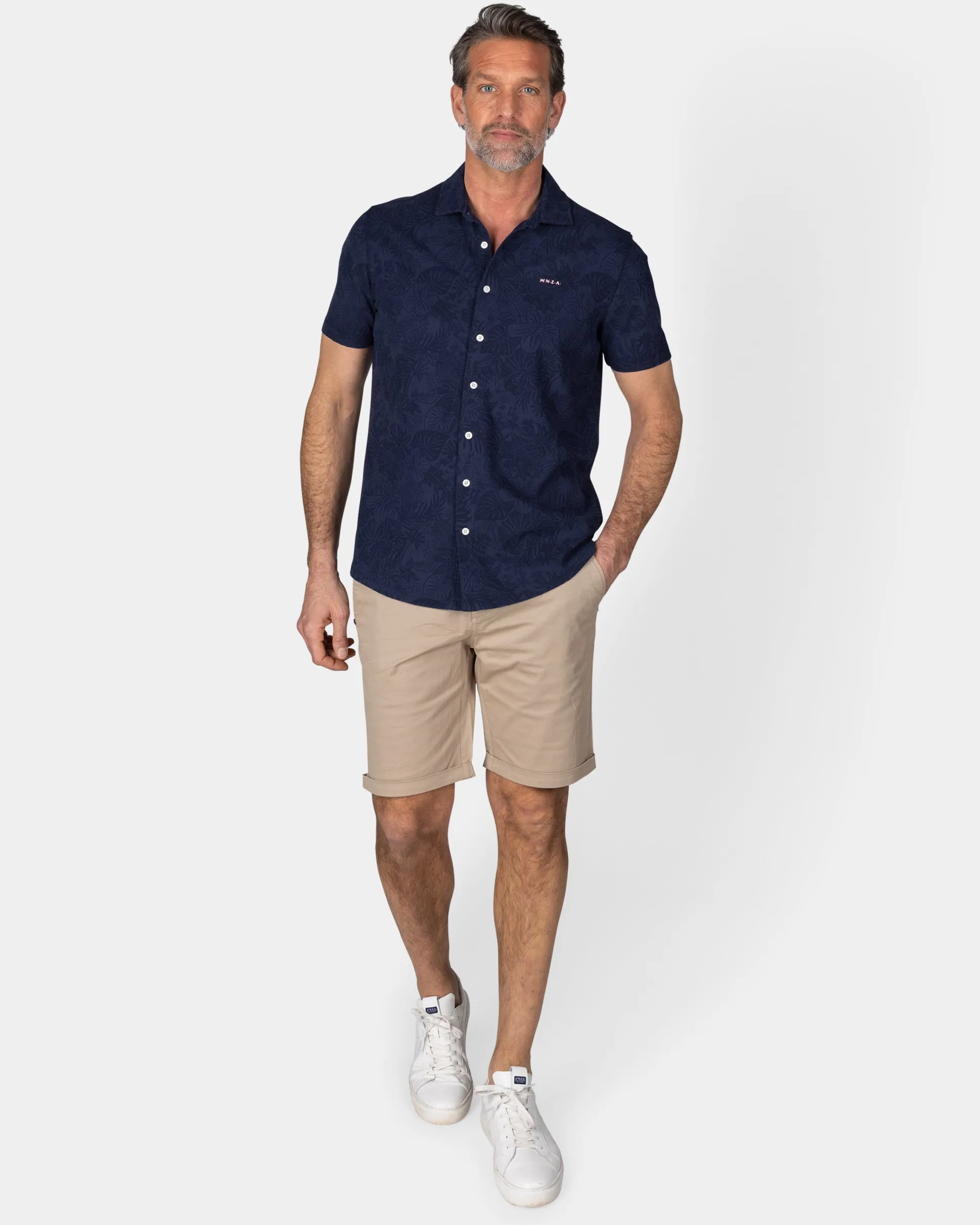 Dark Blue Shirt with Short Sleeves and Floral Print