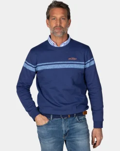 Dark blue sweater with light blue stripes