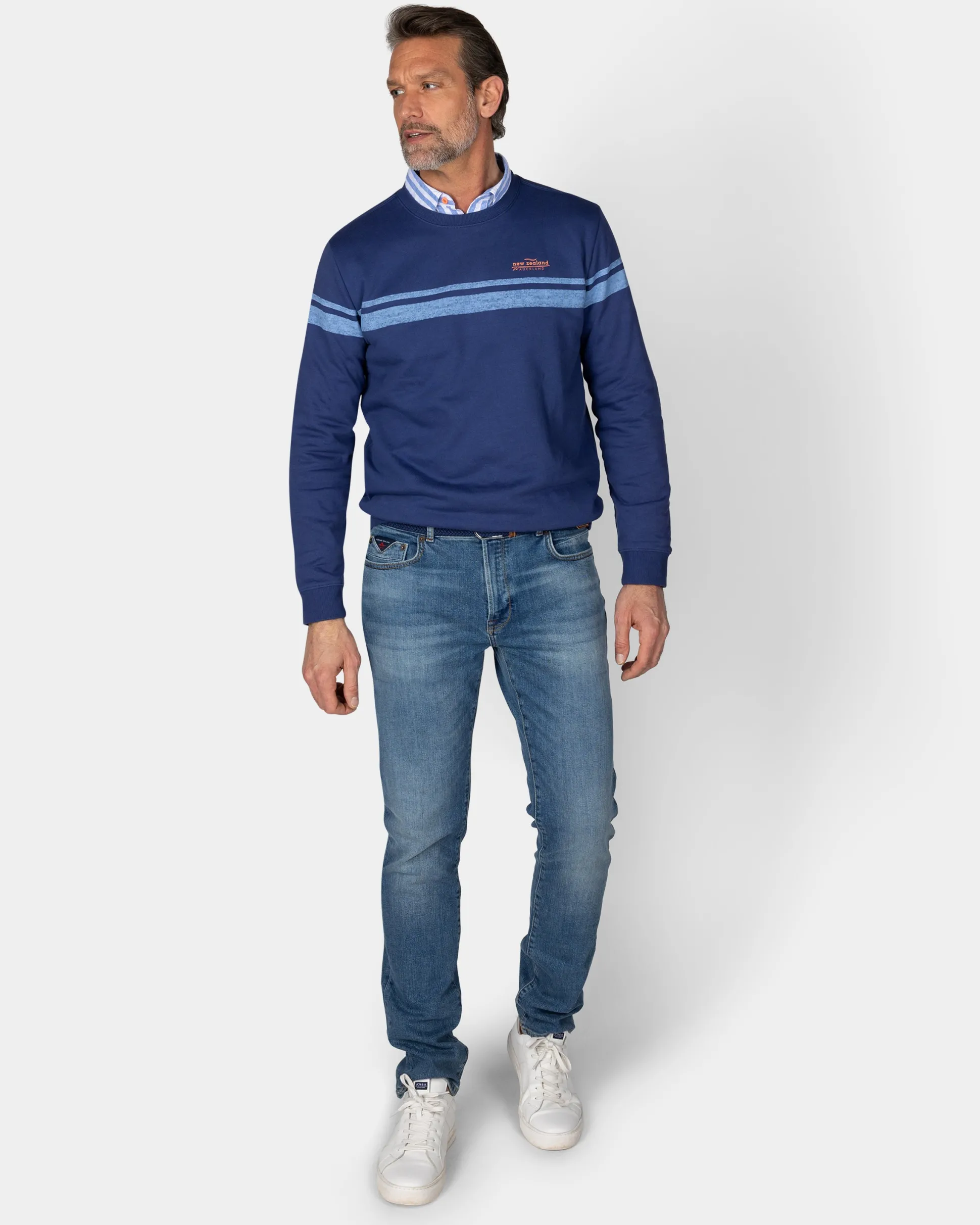 Dark blue sweater with light blue stripes