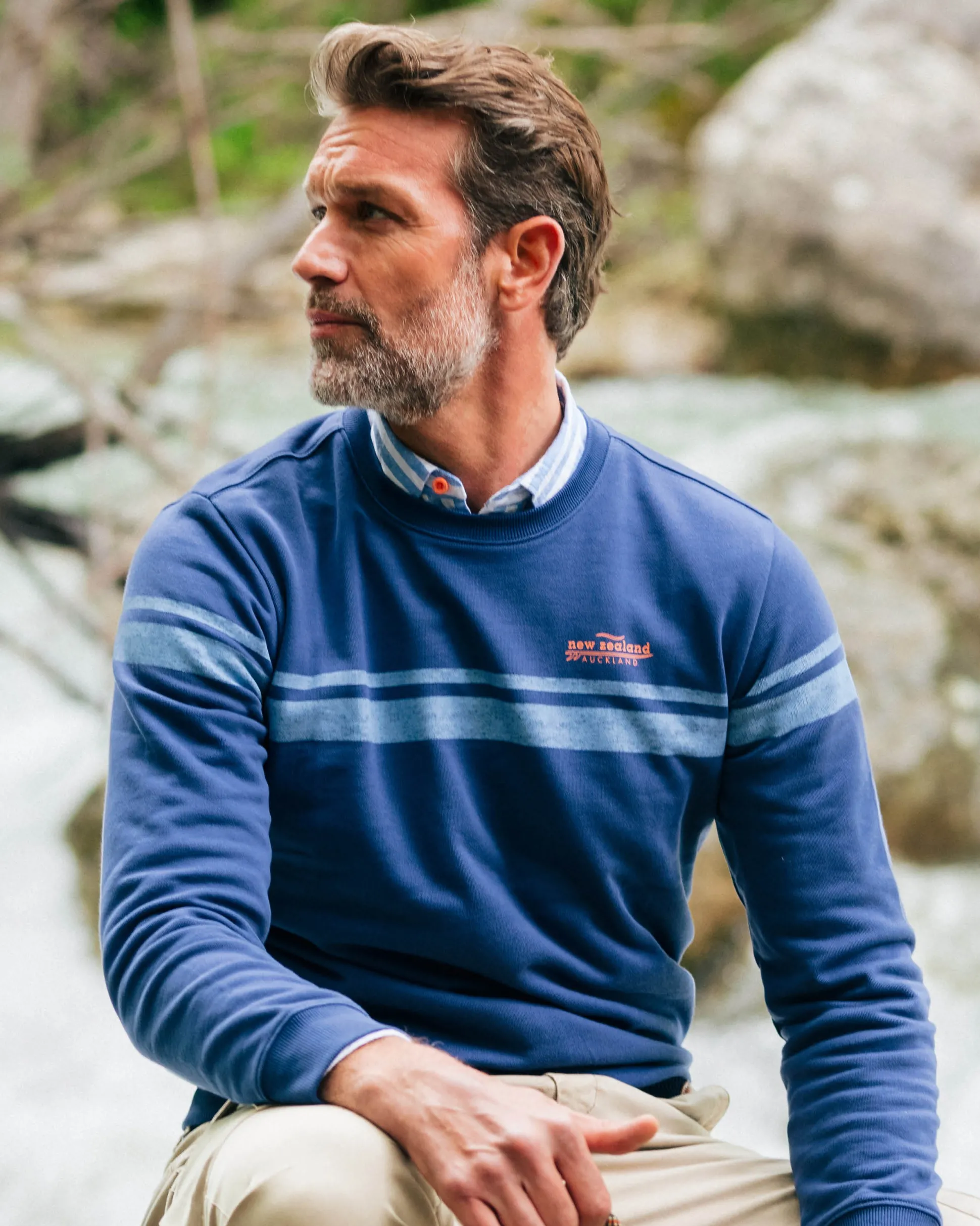 Dark blue sweater with light blue stripes