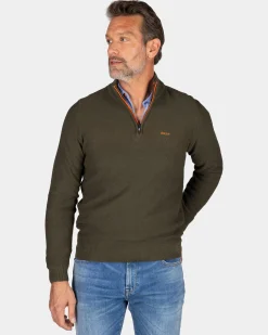 Dark green cotton half-zip sweater - Quartz Green