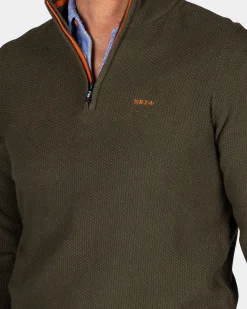 Dark green cotton half-zip sweater - Quartz Green
