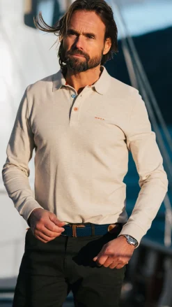 Ecru cotton long sleeve polo - Powder Sand