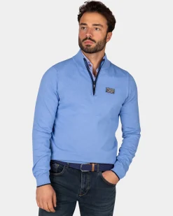 Fine-knit blue half-zip sweater - Frozen Blue