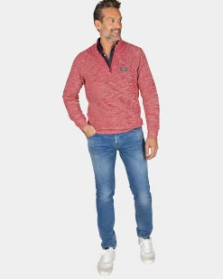 Gray cotton sweater with half-zip - Reef Red