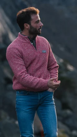 Gray cotton sweater with half-zip - Reef Red