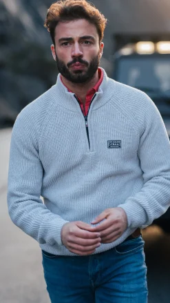 Gray cotton sweater with half-zip - Grey Melange