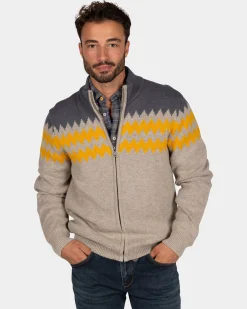 Gray wool cardigan with yellow pattern - Chestnut