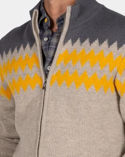 Gray wool cardigan with yellow pattern - Chestnut