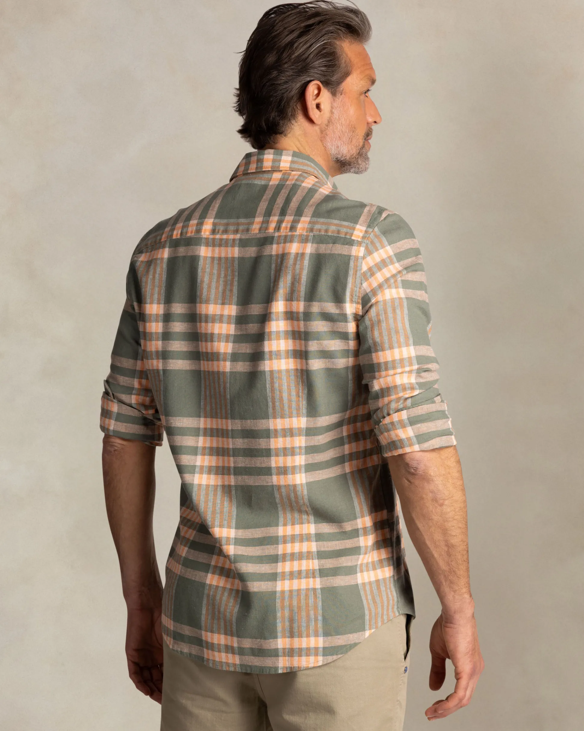 Green and orange short-sleeve checkered shirt