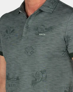 Green Gray Polo with Leaf Print