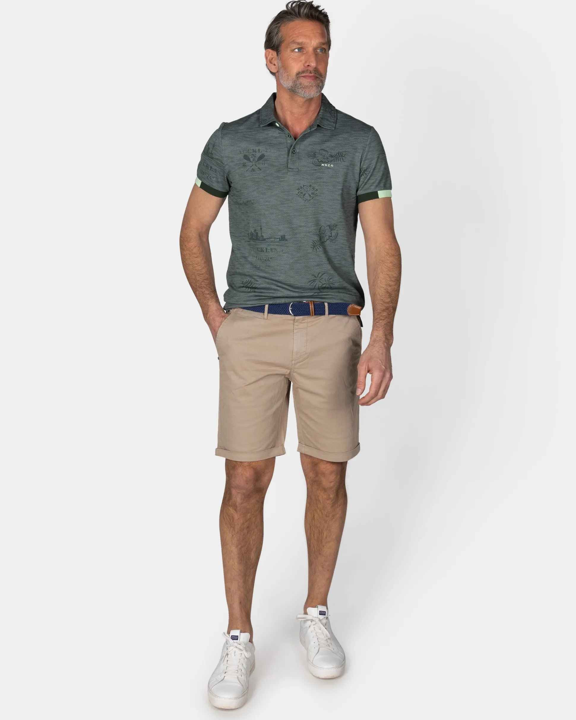 Green Gray Polo with Leaf Print