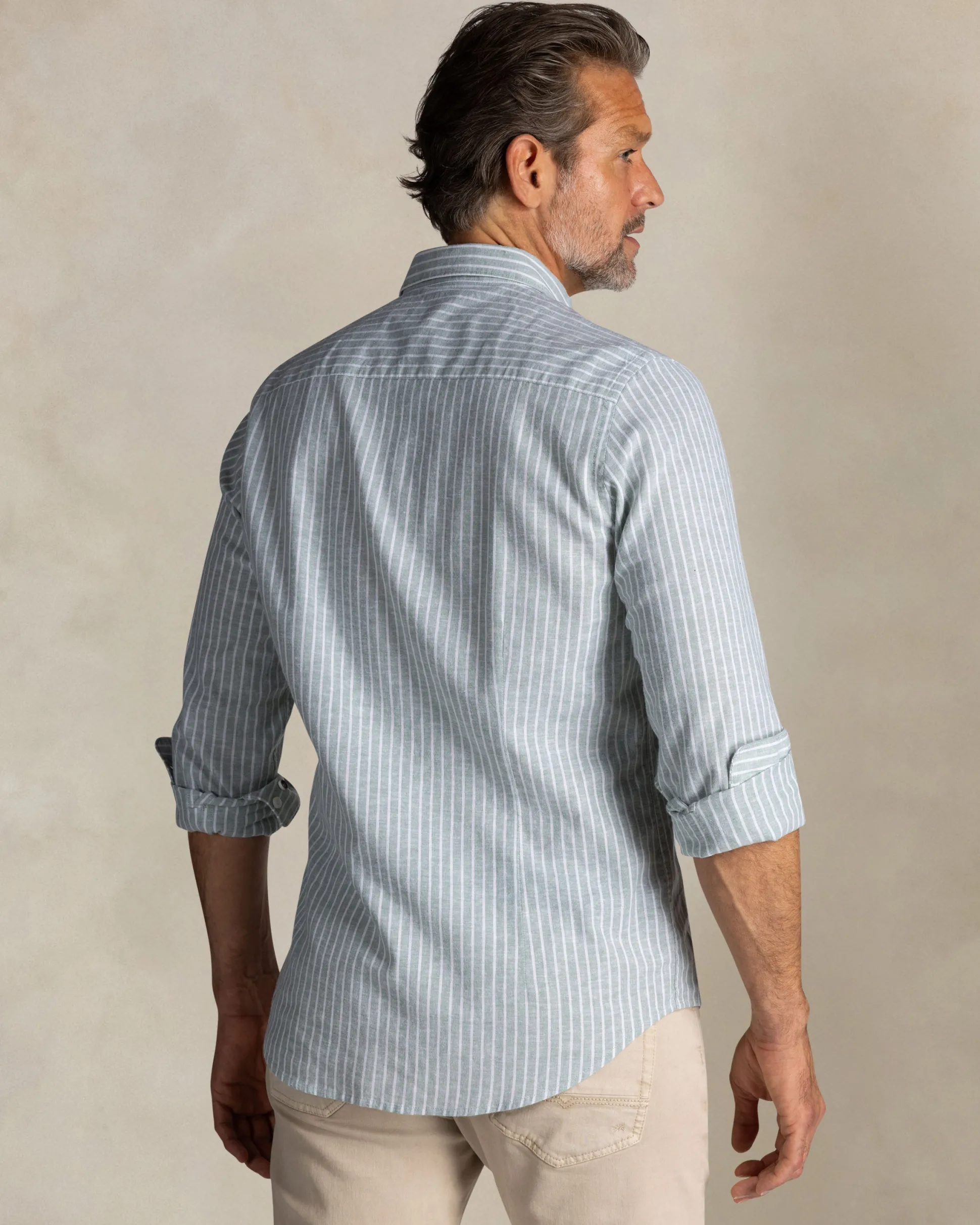Green linen button-down shirt