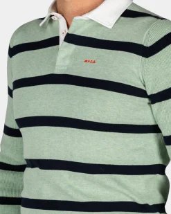Green long sleeve polo with dark green stripes
