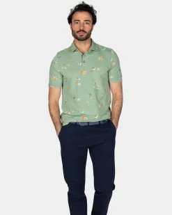 Green polo shirt with leaf print