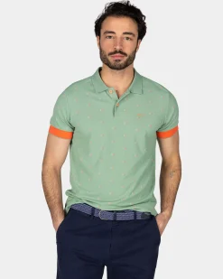Green polo with orange accents