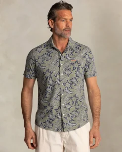 Green shirt with blue and white leaf print