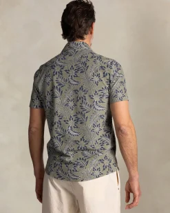 Green shirt with blue and white leaf print