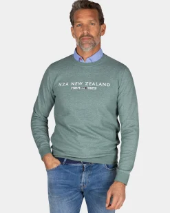 Green sweater with chest text - Pebble Green