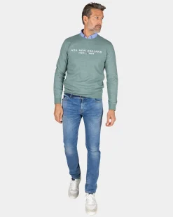 Green sweater with chest text - Pebble Green