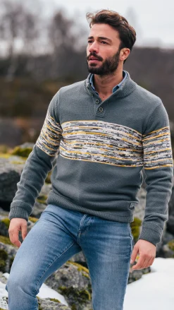 Grey cotton sweater with yellow and black print - Ash Grey
