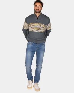 Grey cotton sweater with yellow and black print - Ash Grey
