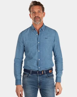 Indigo linen long sleeved shirt - Indigo