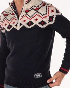 Knitted half zip pullover with pattern - Pitch Navy