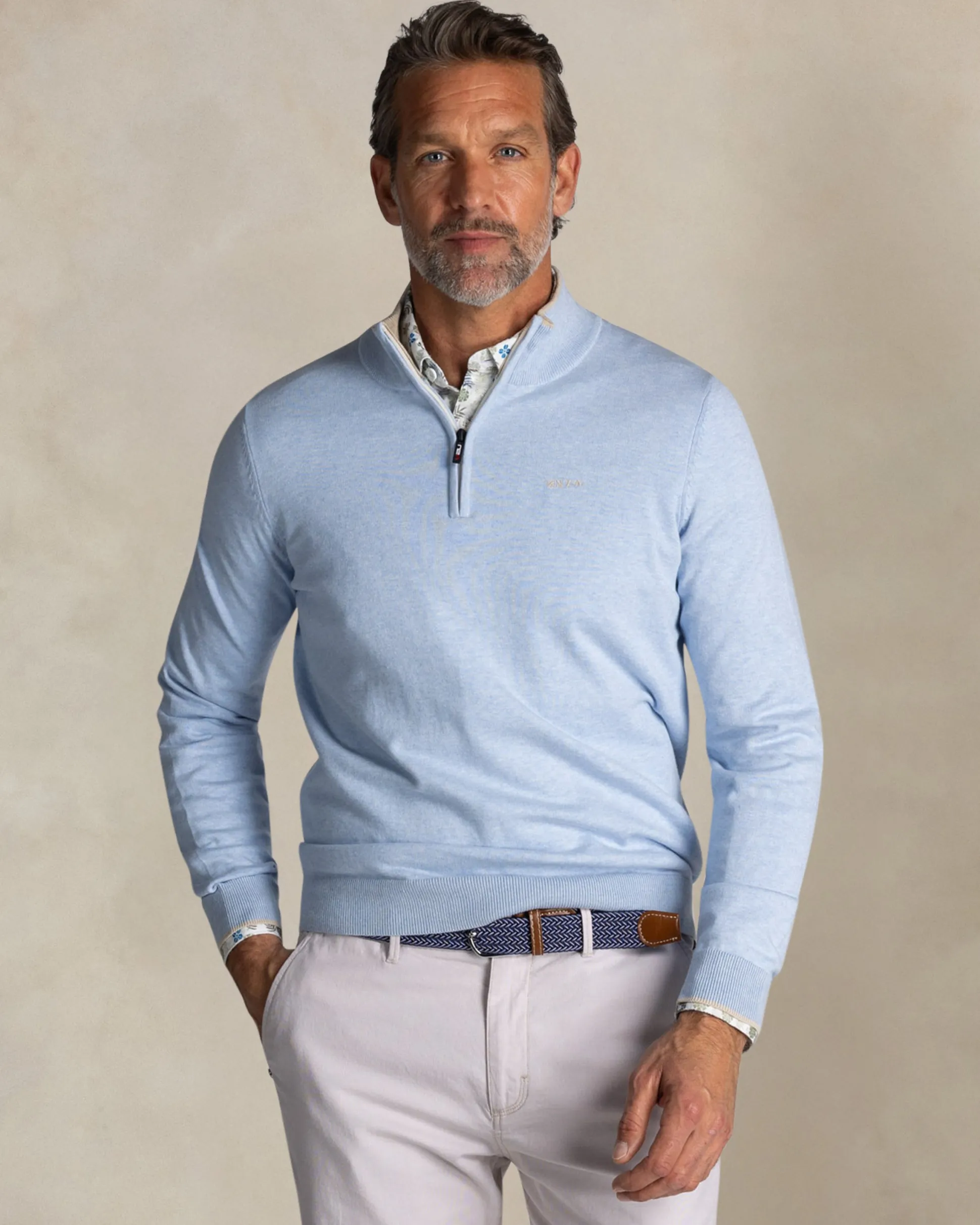 Light blue half zip cotton knit