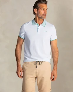 Light blue polo with striped collar