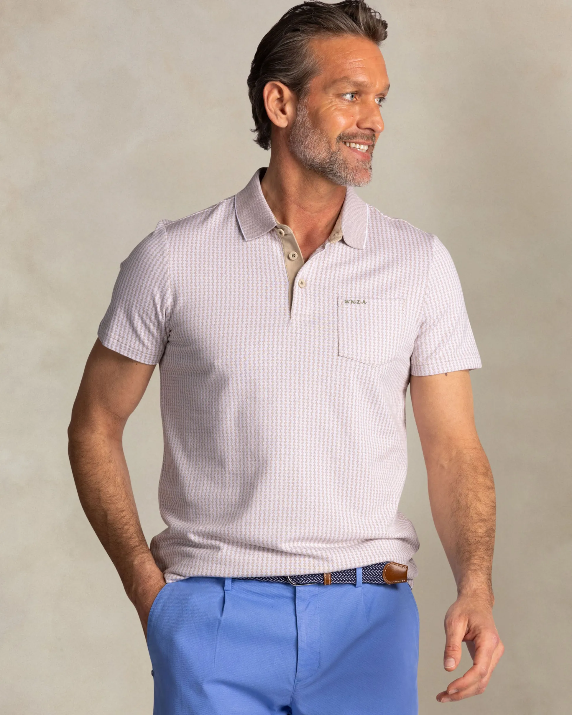 Light brown polo with small white stripe